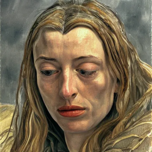 Prompt: high quality high detail painting by lucian freud, hd, galadriel from lord of the rings