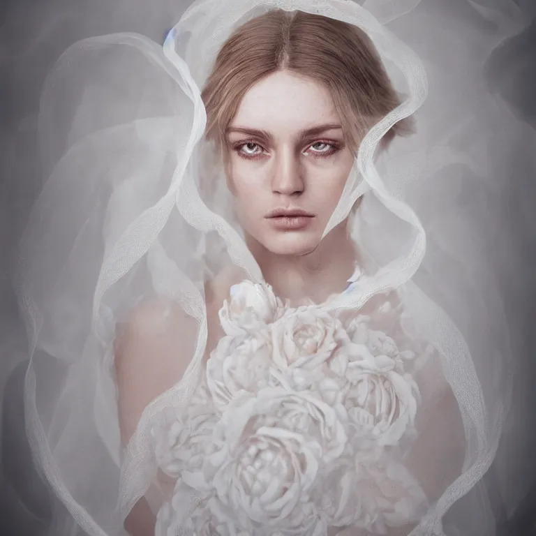 Prompt: 7 0's style : a wonderful realistic focused sweet face mid portrait of a beautiful symmetrical lonely woman with a detailed wonderful symmetrical face who is dressed with a wonderful, majestic, large semi transparent white cotton dress ornate with semi transparent cotton roses and semi transparent white veils, dramatic light, octane render - 8 k