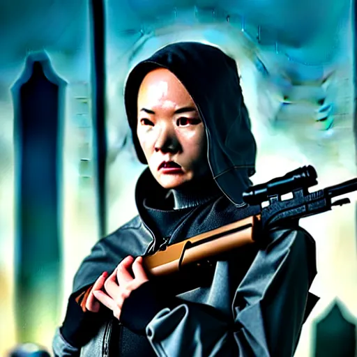 Image similar to photographic portrait of a techwear woman holding a shotgun, holding shotgun down, closeup, on the rooftop of a futuristic city at night, sigma 85mm f/1.4, 4k, depth of field, high resolution, full color, award winning photography, Kill Bill, John Wick, Die Hard, movies with guns, movie firearms, anatomically correct hands