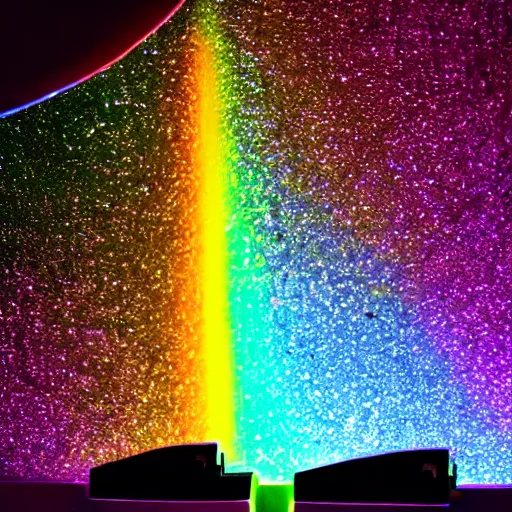 Prompt: Glowing Metallic Glitter Rainbow Light Reflecting Technological Machine Nightmare