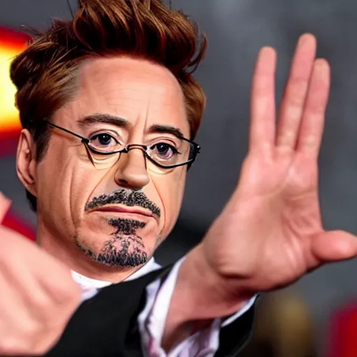 Prompt: robert downey jr. uses iron man hand to entertain fans