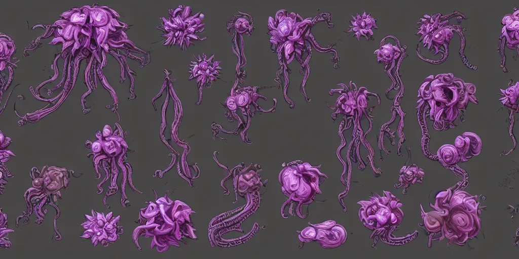 Prompt: reference sheet of unique lovecraftian flower on black background, in gouache detailed paintings, props, stylized, 2 d sprites, kitbash, 8 k, close up