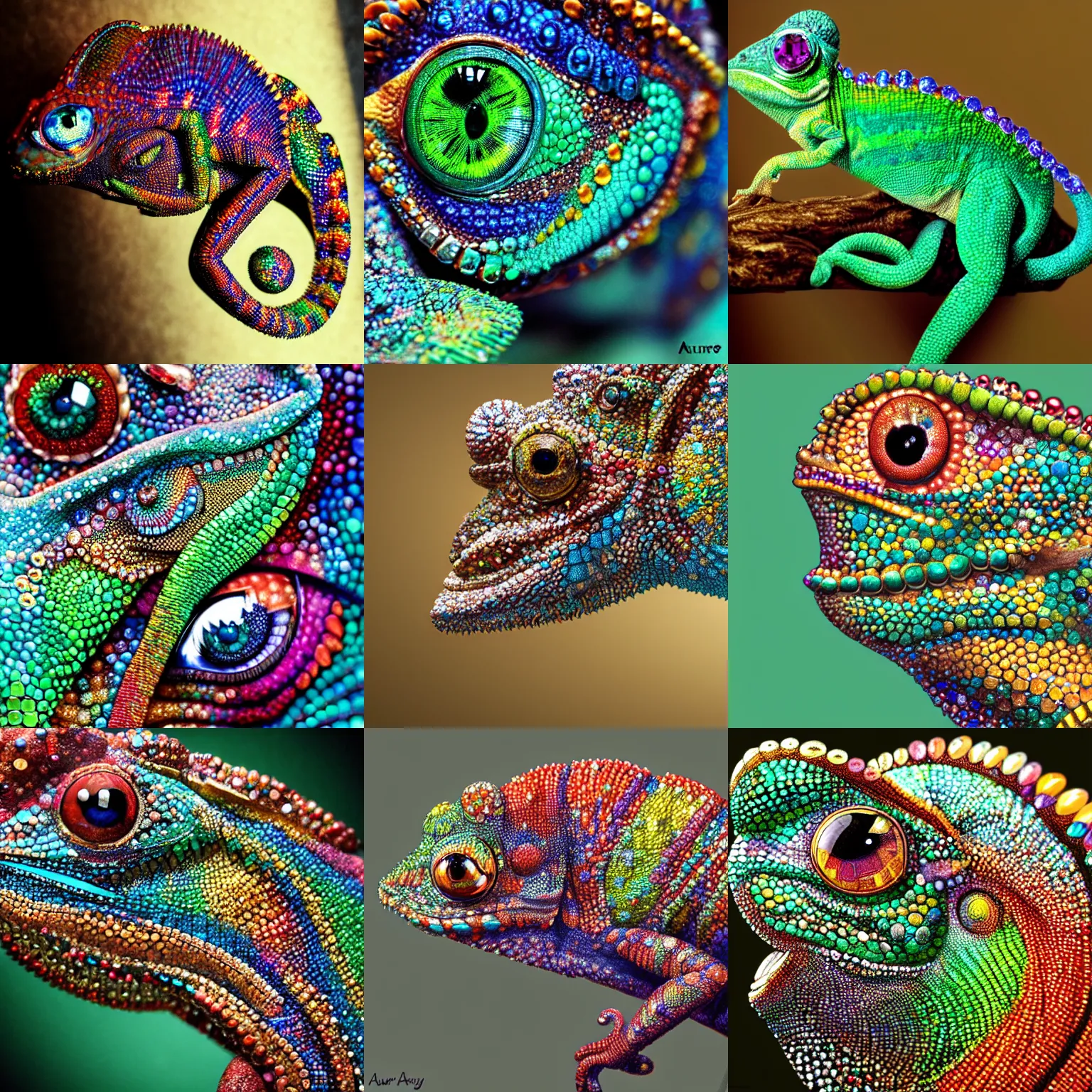 Prompt: chameleon made of jewels, trending on artstation, colorful, intricate, art by aurore folny, close - up, photorealistic