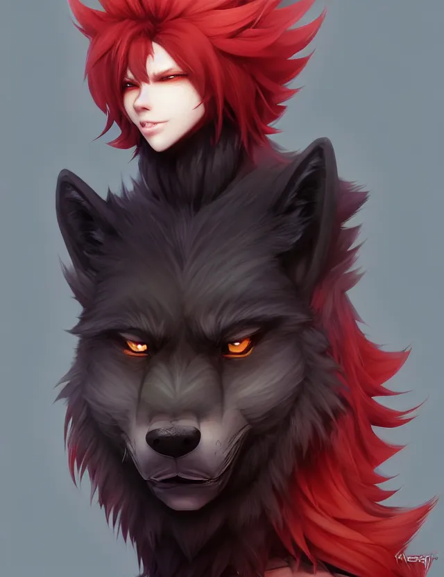 Image similar to character concept art of a black anthropomorphic male furry wolf long red hair | | cute - fine - face, pretty face, key visual, realistic shaded perfect face, fine details by stanley artgerm lau, wlop, rossdraws, james jean, andrei riabovitchev, marc simonetti, and sakimichan, trending on artstation