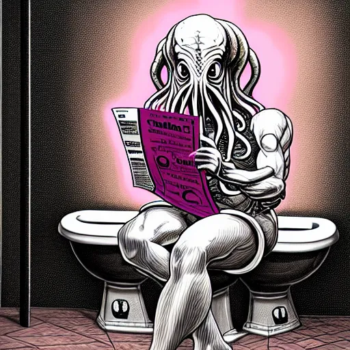 Prompt: humanoid cthulhu vis sitting on a toilet, he is reading a newspaper. the location is a pink and girlish bathroom. The mood is friendly and welcoming. highly detailed, digital painting, artstation, concept art, sharp focus, illustration, art by Sandro Botticelli and Michelangelo and leonardo da vinci