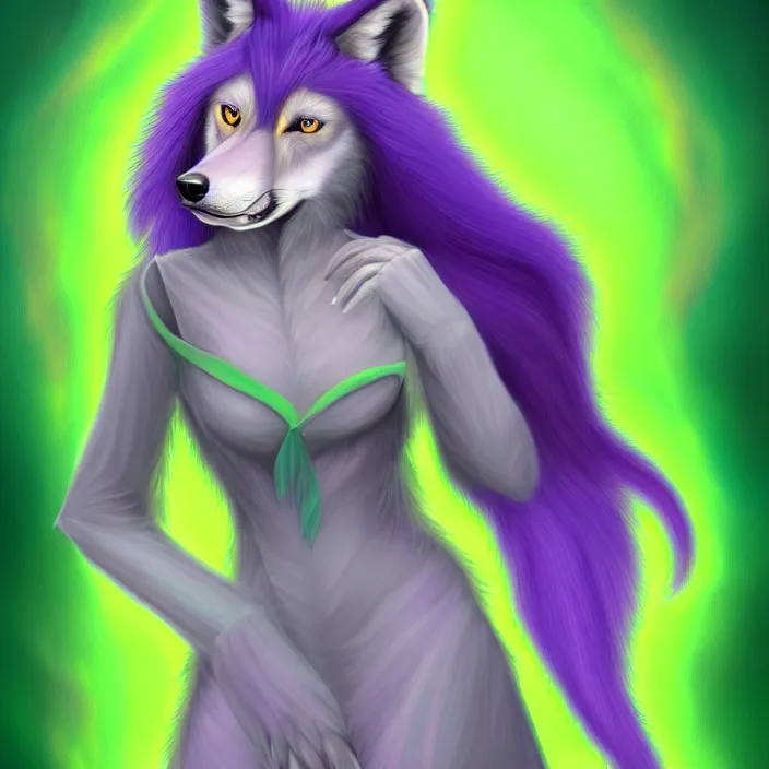 Image similar to a digital painting of an anthropomorphic female wolf fursona with long violet hair wearing a green dress, symmetry, focus, furry, soft lighting, oil on canvas, hyper detailed