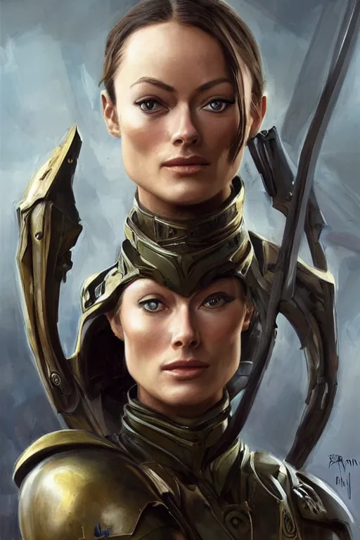 Image similar to a professional painting of a young Olivia Wilde, clothes in military armor, olive skin, long dark hair, beautiful bone structure, symmetrical facial features, intricate, elegant, digital painting, concept art, smooth, sharp focus, illustration, from StarCraft by Ruan Jia and Mandy Jurgens and Artgerm and William-Adolphe Bouguerea