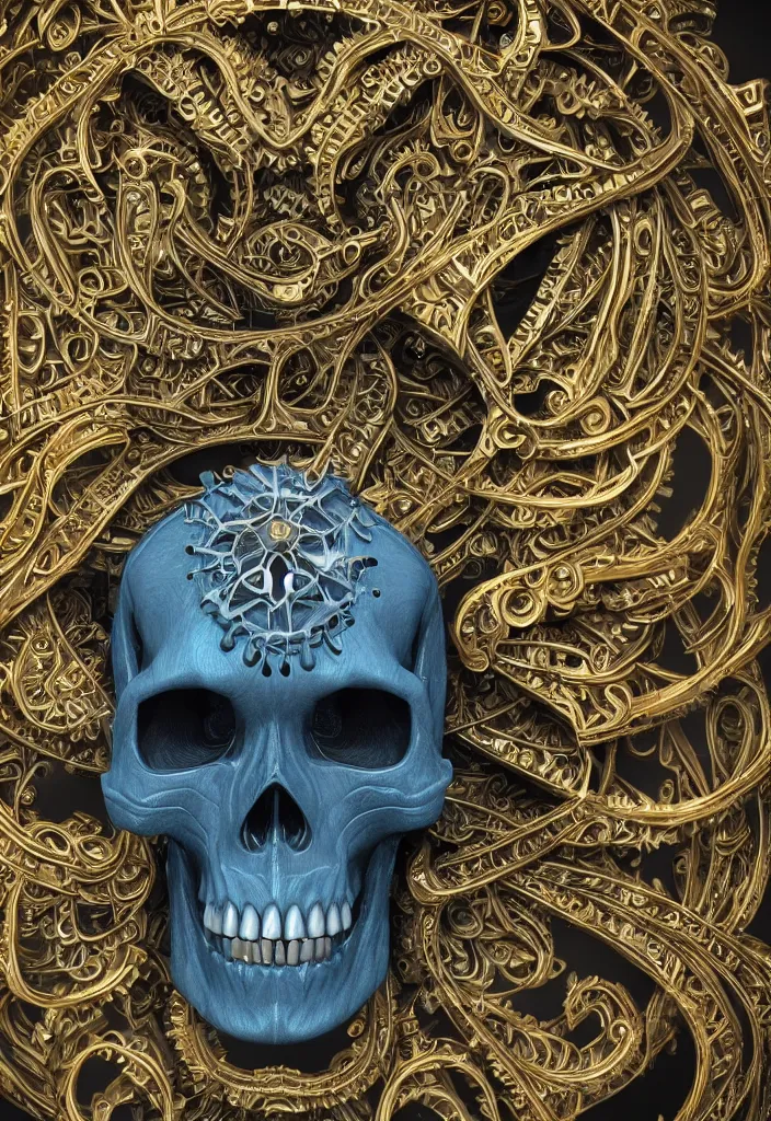 Image similar to portrait of a 3d render ultra detailed skull, one skull centered, art deco, intricate gears details, hyperrealistic, ultra detailed, elegant, octane render, blue and gold, 8k, trending on Artstation, unreal engine