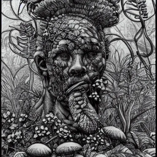 Image similar to botanical sketch of a cybernetic The thinker sculpture with mushrooms and peyote at the base, surrounded by a lush jungle and vines, high detail, b&w,