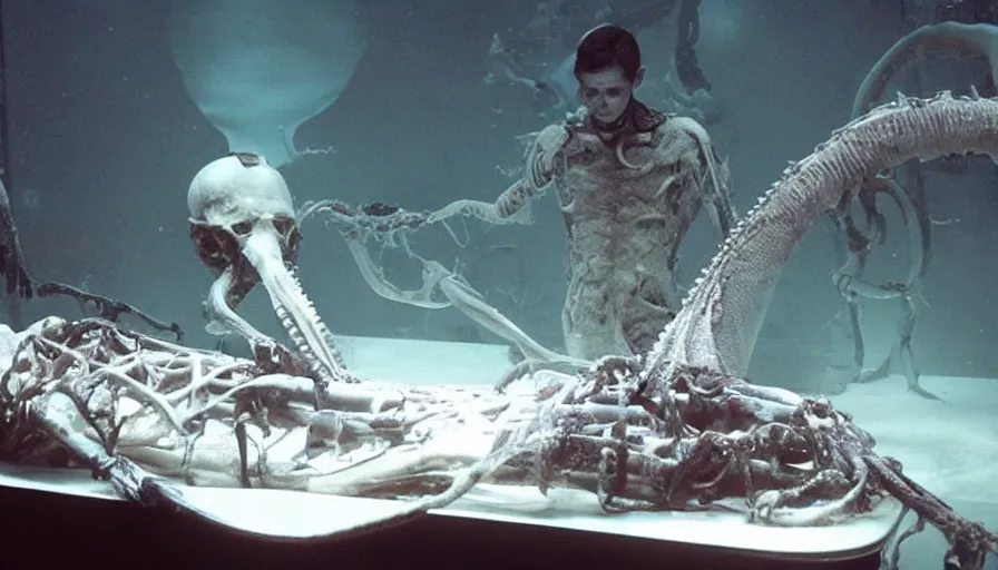Prompt: Big budget horror movie set in an undersea biolab about a cyborg doing an autopsy on a giant squid's skeleton