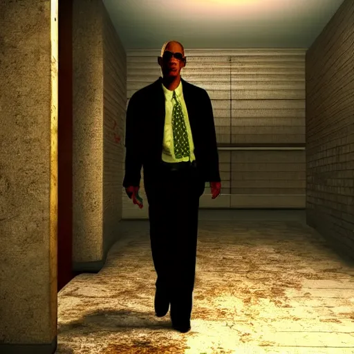 Image similar to film still of gus fring as max payne, iconic max payne 2 look, atmospheric still