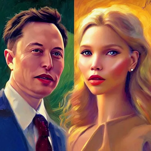 Prompt: Portrait of sasha luss and elon musk, in the style of Konstantin Razumov, extremely detailed