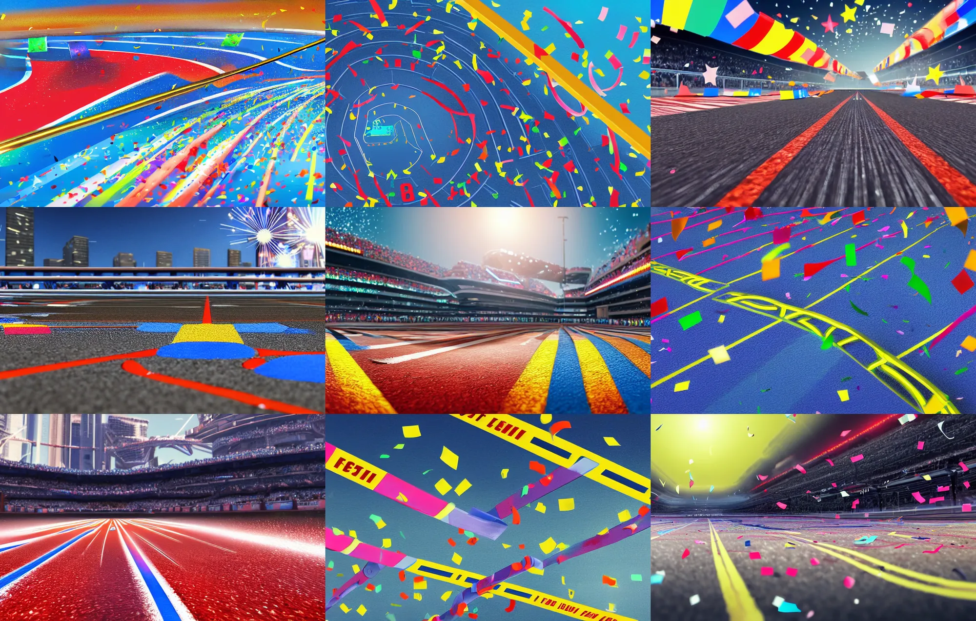 Prompt: low angle wide shot worms eye view of a realistic futuristic racetrack finish line with confetti on a sunny day with a clear blue sky, cyberpunk, profile shot, digital painting, good value control, crowded stands, three point perspective, rule of thirds, golden ratio, horizon line focus, sharp focus, fourze, realistic textures, 8 k