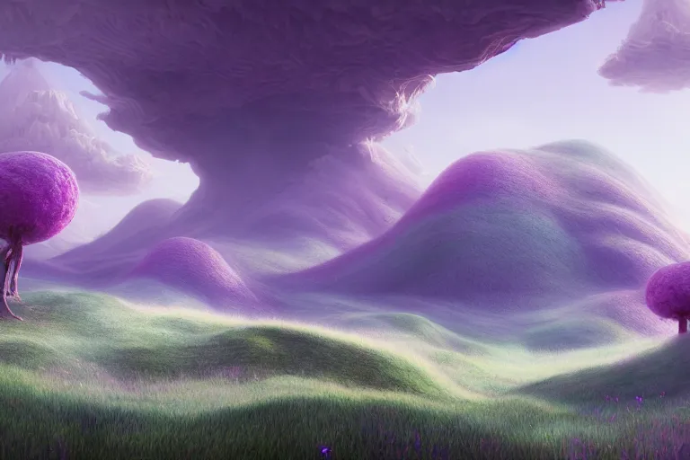 Prompt: a psychedelic realm in another dimension with rolling plains made out of clouds, mountains made out of icebergs, and plant life made out of cotton candy, in the style of wlop, illustration, epic, fantasy, hyper detailed, smooth, unreal engine, sharp focus, ray tracing