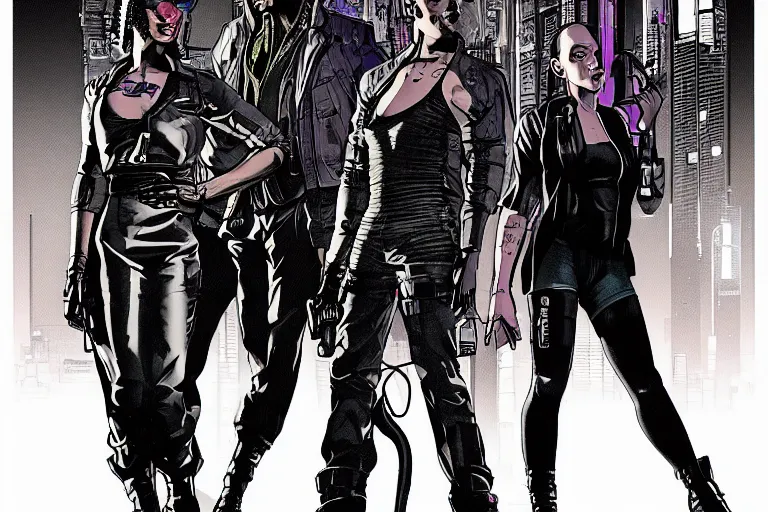 Image similar to cyberpunk heist crew entering club. portrait by stonehouse and mœbius and will eisner and gil elvgren and pixar. character design. realistic proportions. dystopian. cyberpunk 2 0 7 7 character art, blade runner 2 0 4 9 concept art. cel shading. attractive face. thick lines. the team. diverse characters.