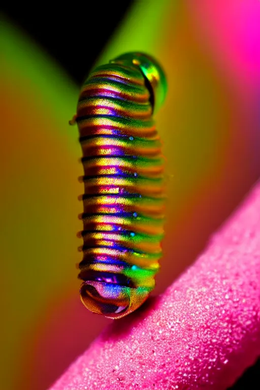 Image similar to high quality macro photo iridescent cyborg caterpillar! cute highly detailed david ligare elson peter cinematic pink lighting high quality low angle hd 8k sharp shallow depth of field