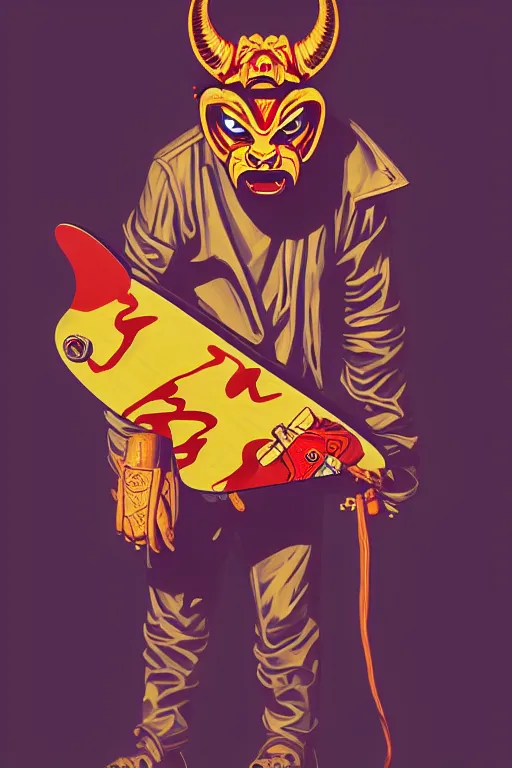 Prompt: guy wearing oni mask and bring skateboard. pop art, no duplicate image, glowing lights, ultra details, digital painting, artstation, concept art, smooth, sharp focus, illustration, intricate details, art by richard hamilton and mimmo rottela, pixels art by kirokaze and paul robertson