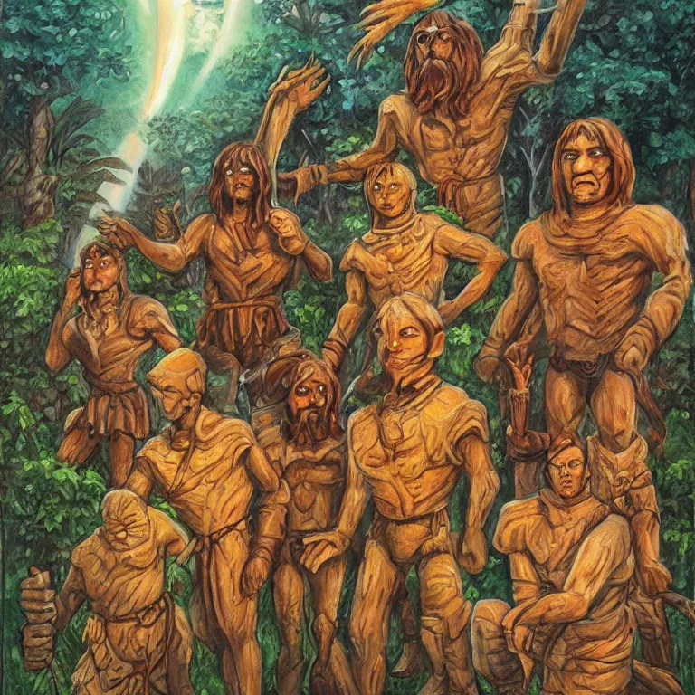 Prompt: a beautiful painting in the style of larry elmore of a stone golem standing center frame with his mystical friends at summer camp