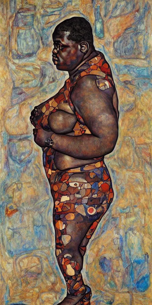 Image similar to a full body portrait of biggie smalls in style of egon schiele, herakut and gustav klimt, masterpiece, hyperdetailed, complex, intricate, 4 k, trending on artstation