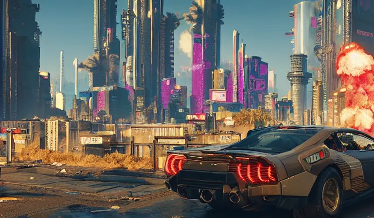 Image similar to cyberpunk 2077 city being destroyed by a nuclear bomb