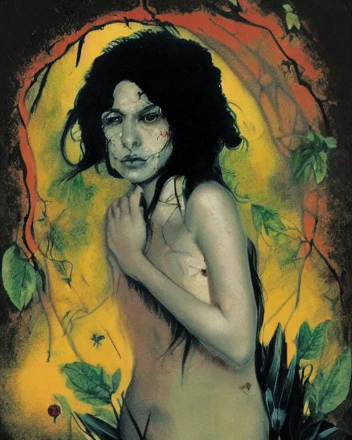 Prompt: a beautiful but sinister ethnically ambiguous woman in layers of fear, with haunted eyes and wild hair, 1 9 7 0 s, seventies, woodland, a little blood, wildflowers, moonlight showing injuries, delicate embellishments, painterly, offset printing technique, by brom, robert henri, walter popp