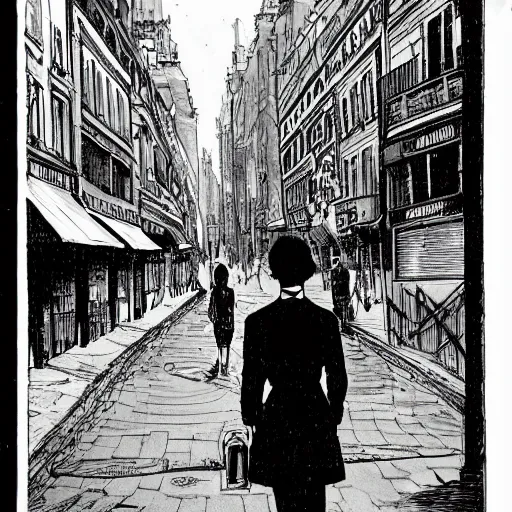 Prompt: a typical Parisian street, in the foreground a man and a woman from behind, in the back at the bottom of the street a spaceship destroying buildings, dc comics style, multiple details