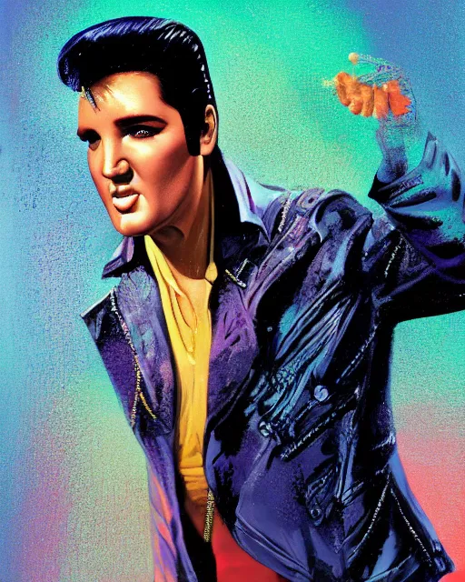 Image similar to a powerful energy elvis presley, by alexander fedosav, hyper detailed digital matte painting, concept art, hyperrealism, 1 6 k resolution, cinema 4 d, 8 k resolution, trending on artstation, behance hd, a masterpiece, by stephan martiniere, particles, cel - shaded, power bright neon energy, by david a. hardy,