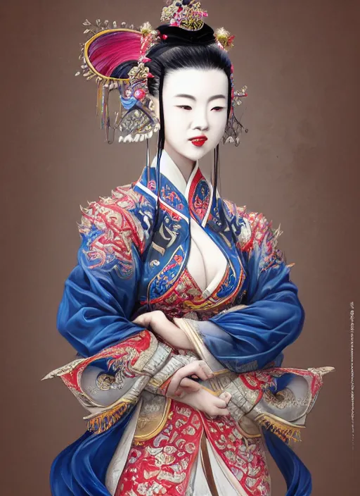 Prompt: full body portrait of a female kitsune peking opera actress by wlop, wuxia, xianxia, kitsune, actress, peking opera, lithe, absurdly beautiful, seductive, detailed, realistic, anatomically accurate, fantasy illustration, artstation, wlop, 4 k.