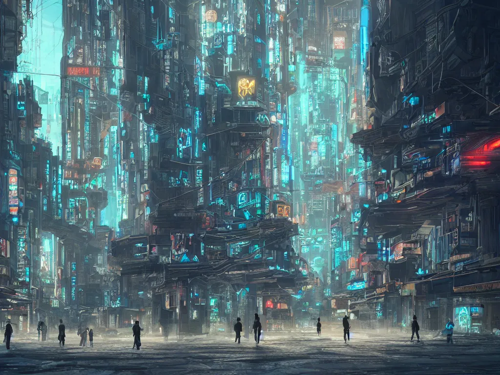 Prompt: lone travelers walking through the remnants of a dystopian city, art deco architecture, ancient buildings, technological lights, screens, cyberpunk style, 8 k resolution, by hugh ferris and john smith and noriyoshi ohrai, polished, fine detail, intricate, blue color scheme, cyberpunk style, smooth, octane, concept art, trending on artstation