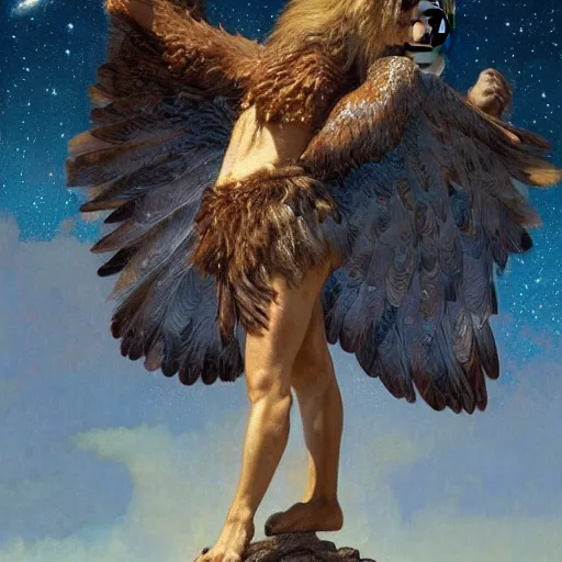 Prompt: a realistic oil painting of a winged lion's body with an eagle head, at night with a sky full of stars, highly detailed, trending on artstation, by james gurney and michael whelan and krenz cushart and alphonse mucha