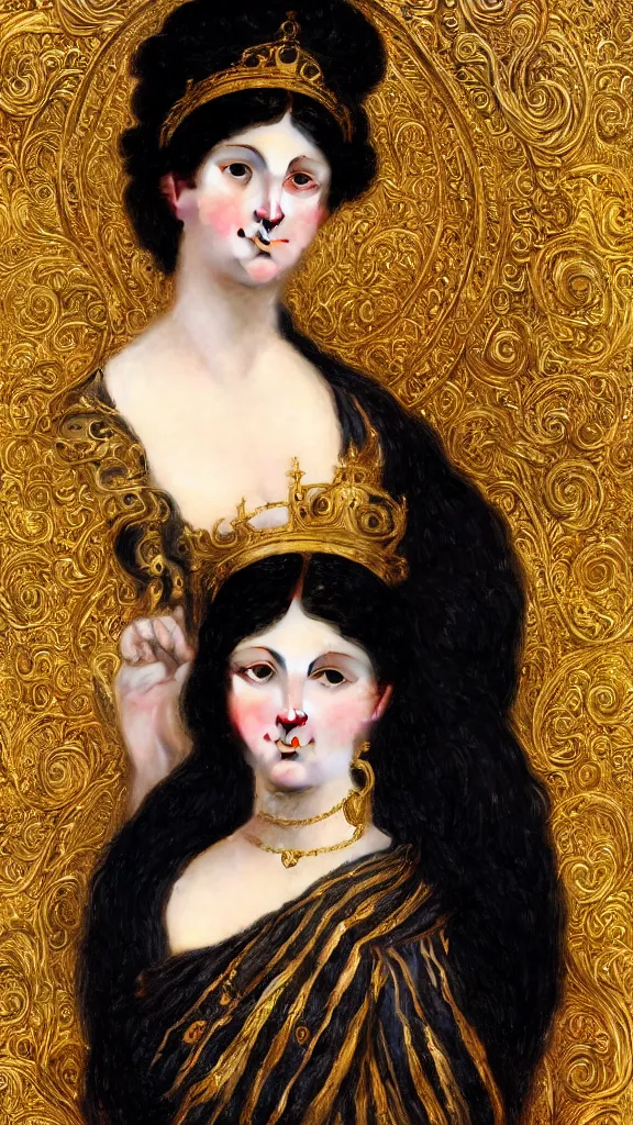 Image similar to painting portrait of a beautiful black haired woman with pale skin and a crown on her head sitted on an intricate metal throne, intricate, elegant, digital painting, smooth, sharp focus, shiny gold, realistic gold, realistic metal, by william - adolphe bouguereau and gustav klimt,