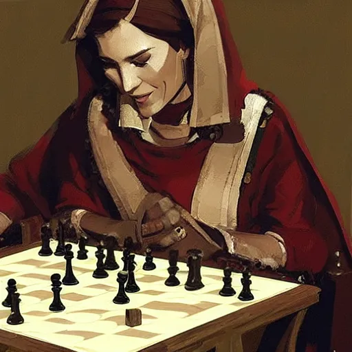 Prompt: portrait of woman wearing medieval clothes playing chess, detailed by greg manchess, craig mullins, bernie fuchs, walter everett