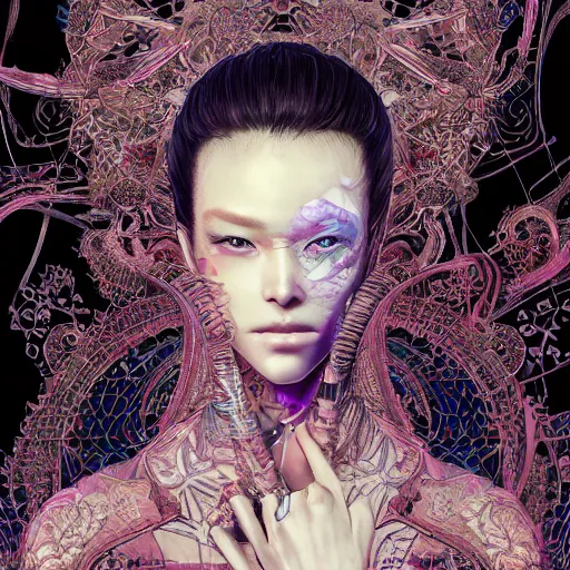 Prompt: the portrait of an absurdly beautiful, graceful, elegant, sophisticated, fashionable cyberpunk gravure idol, an ultrafine hyperdetailed illustration by kim jung gi, irakli nadar, takato yamamoto, intricate linework, bright colors, porcelain skin, unreal engine 5 highly rendered, fractal background, global illumination, radiant light, detailed and intricate environment