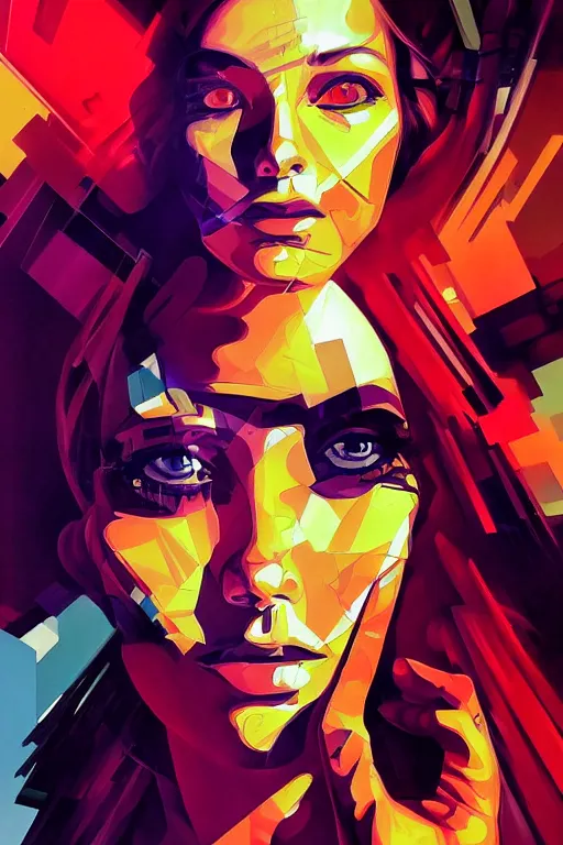 Image similar to wideangle portrait, digital painting, an beautiful, sleeping hacker girl, connected, madness, decoherence, synthwave, glitch!!, fractured reality, refraction, realistic, hyperdetailed, concept art, art by syd mead, cubism