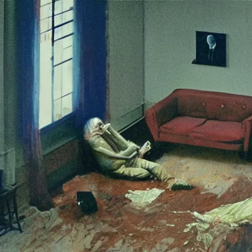 Image similar to realistic detailed image of an overhead view of an old couple sitting on a couch in old living room style of Francis Bacon and Greg Rutkowski, overhead view interior room, messy living room. Still from 1982 movie The Thing. Beksiński Masterpiece