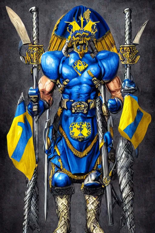 Image similar to a distant shot from below of a Ukrainian super soldier with blue and yellow flag behind him and a trident coat of arms on the chest standing alone on a huge pile of skulls posing as a winner, masculine muscular figure, D&D, fantasy, intricate, elegant, highly detailed, extremely detailed, digital painting, artstation, concept art, matte, smooth, hyper realistic, sharp focus, illustration, art by Artgerm and Greg Rutkowski and Alphonse Mucha