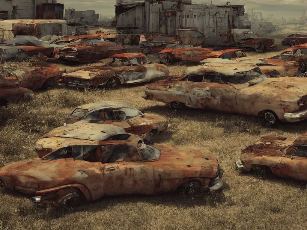 Image similar to an abandoned junkjard full of rusty dream cars from the fifties, 1 6 mm wideangle lens, volumetric lighting, octane render, artstation