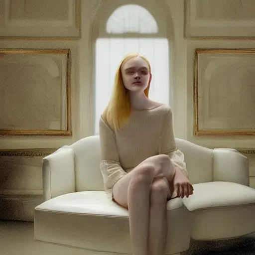 Image similar to Elle Fanning sitting on a white leather chair in the world of Adam Wyeth, head and shoulders portrait, stormy weather, extremely detailed masterpiece, oil on canvas, low-key neon lighting, artstation, Blade Runner 2049, Roger Deakin’s cinematography, by J. C. Leyendecker and Peter Paul Rubens and Edward Hopper and Michael Sowa,