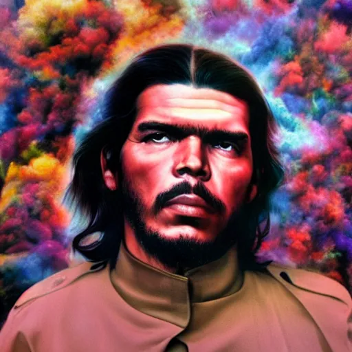 Image similar to colour masterpiece surreal closeup portrait photography of che guevara by miho hirano and annie leibovitz and michael cheval, psychedelic smoke background, 8 k