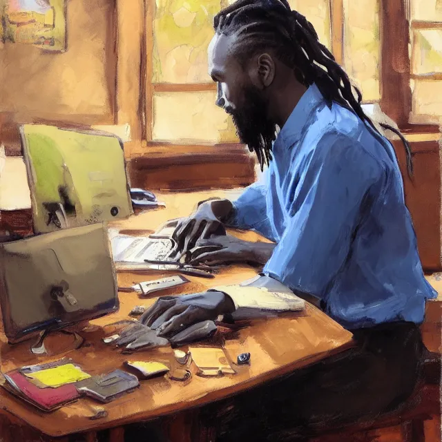 Image similar to a jamaican male with medium length locs, holding a sony camera, sitting at a computer desk, portrait, elegant, intricate, digital painting, artstation, concept art, smooth, sharp focus, illustration, art by konstantin korovin and daniel f. gerhartz and john howe