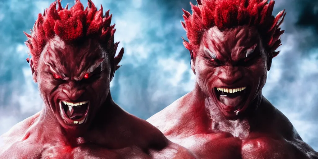 Image similar to a film still of a black man starring in a japanese blockbuster film as akuma from tekken, shallow depth of field, cinematic, award winning cgi, vfx, film still