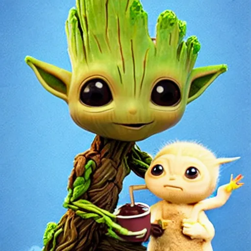 Image similar to artstation baby Groot and baby Yoda eating an ice cream together. The ice cream looks like Pikachu, very detailed, portrait, ultra realistic
