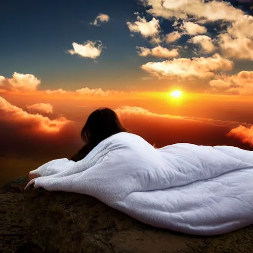 Prompt: highly detailed portrait of beautiful woman covered in white wet blanket sleeping in the clouds during sunset