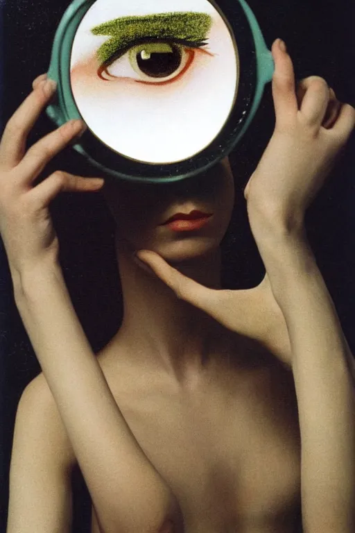 Prompt: An instax still frame of The False Mirror by René Magritte from Prometheus movie and Alien movie featured in Vogue and Highsnobiety editorial fashion photography, beautiful eyes, symmetry face, haute couture dressed by Givenchy and Salvatore Ferragamo painted by Andrea Pozzo, in porcelain and metal and lush branch