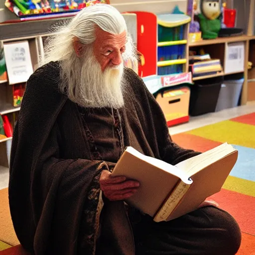 Image similar to gandalf reading books at kindergarden