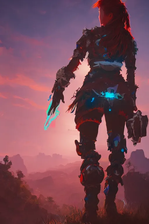 Image similar to combination suit armor aloy horizon forbidden west horizon zero dawn radiating a glowing aura global illumination ray tracing hdr fanart arstation by ian pesty and alena aenami artworks in 4 k tribal robot ninja mask helmet backpack