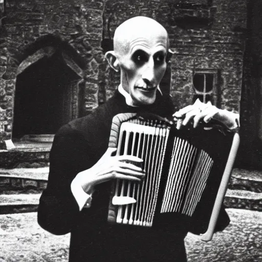 Image similar to vintage photograph of count orlok outside his castle, playing accordion, castle in the background, 4 k