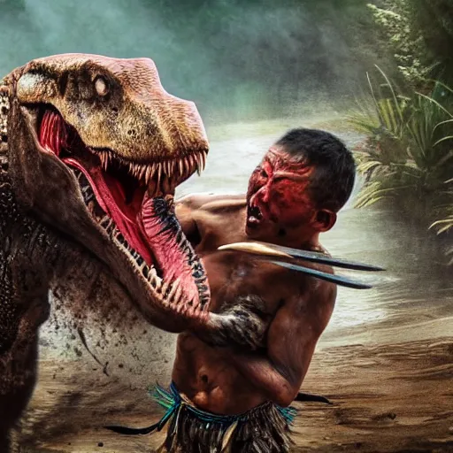 Prompt: a highly detailed tribesman getting brutally eaten by a tyrannosaurus rex, blood, real nature, dinosaur, high definition, national geographic, 4 k