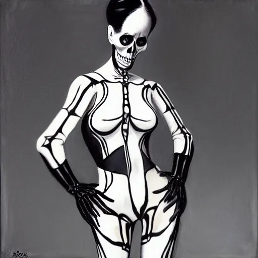 Prompt: portrait of a woman, wearing a skeleton catsuit, by alex ross and berthold woltze.