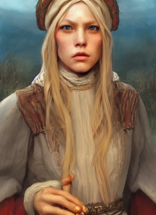 Image similar to blonde peasant woman, fantasy, medieval, vivid colors, fantasy, elegant, concept art, sharp focus, beautiful face!!, digital art, hyper - realistic, 4 k, unreal engine, highly detailed, hd, dramatic lighting by brom, trending on artstation